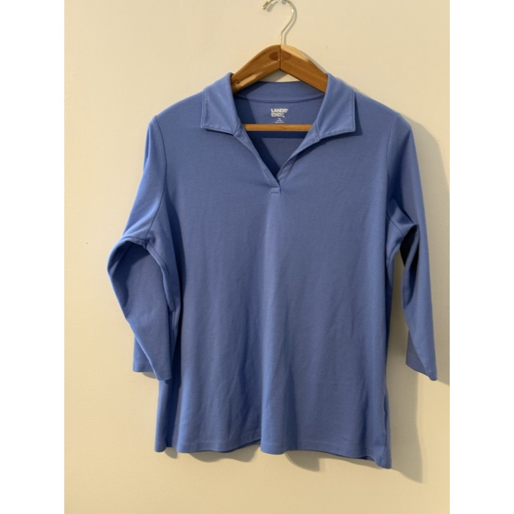 Lands'‎ End Women's Blue Collared 3/4 Sleeve Plus Top 1X Casual Preppy Spring